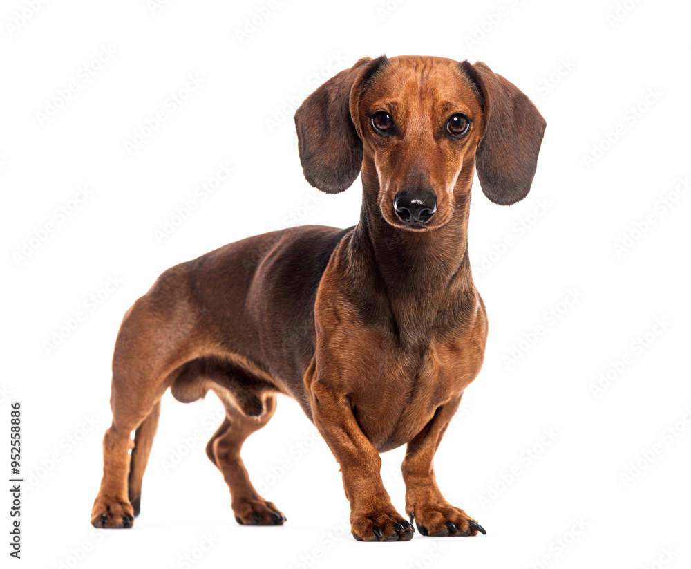 Brown shorthaired dachshund standing and looking forward on a white background Brown shorthaired dachshund standing and looking forward on a white background