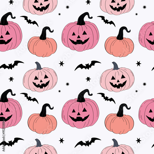 Cartoon repeating Halloween background with pink pumpkin lantern and bats. Hand drawn vector Seamless pattern for autumn holiday, autumnal decorative ornament for banner, flyer, paper, print, wrapping