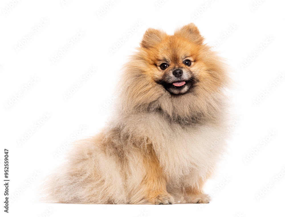 cheerful pomeranian dog sitting, panting and looking happy on white background cheerful pomeranian dog sitting, panting and looking happy on white background