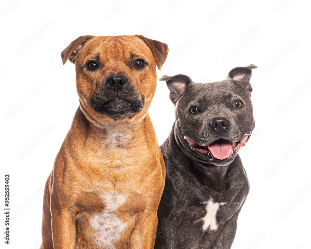 Obraz premium Heads of Two staffordshire bull terrier dogs sitting side by side, one panting with its tongue out and look happy