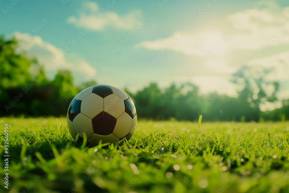 Fototapeta premium soccer ball on green grass in park setting with sunshine on Summer day, copy space