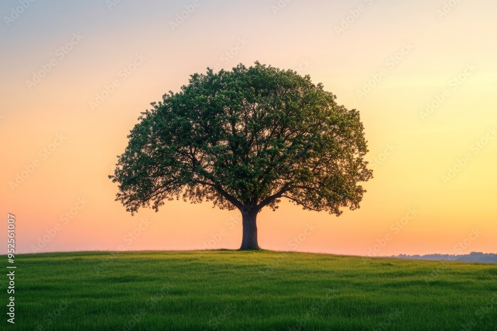 Lonely Big Oak Tree Standing Proudly Against a Clear, Colorful Dawn Sky. Minimalist Landscape with Expansive Green Grass Foreground and a Serene, Vibrant Sky in the Background. Lonely Big Oak Tree Standing Proudly Against a Clear, Colorful Dawn Sky. Minimalist Landscape with Expansive Green Grass Foreground and a Serene, Vibrant Sky in the Background.