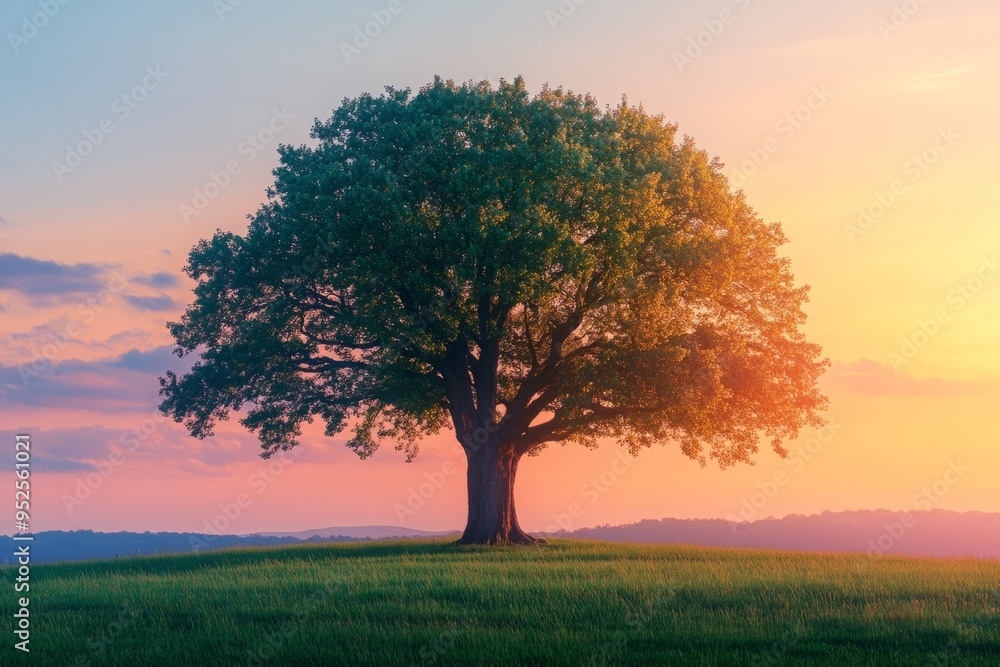 Lonely Big Oak Tree Standing Proudly Against a Clear, Colorful Dawn Sky. Minimalist Landscape with Expansive Green Grass Foreground and a Serene, Vibrant Sky in the Background. Lonely Big Oak Tree Standing Proudly Against a Clear, Colorful Dawn Sky. Minimalist Landscape with Expansive Green Grass Foreground and a Serene, Vibrant Sky in the Background.