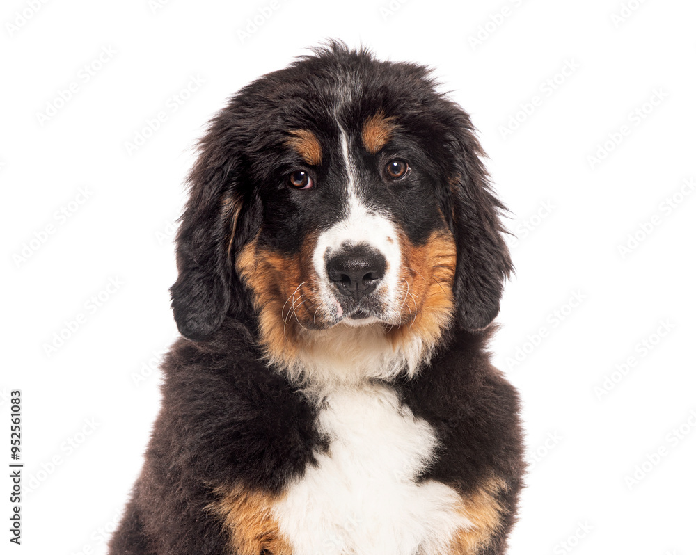Bernese mountain dog puppy sitting and looking at camera on white background