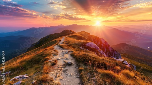 Picturesque Mountain Landscape at Golden Hour with a Winding Trail and Vibrant Sunset Sky photo