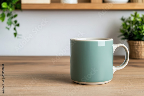 A stylish green mug placed on a wooden table, surrounded by greenery, perfect for coffee or tea lovers.