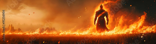 Ravana Burning Ceremony concept as Dynamic shot of Ravanas effigy burning in a field with flames and sparks flying upwards captured in a glossy high contrast finish to emphasize the intensity of the s