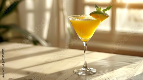 Cocktail on white wooden table, high key light throwing the window