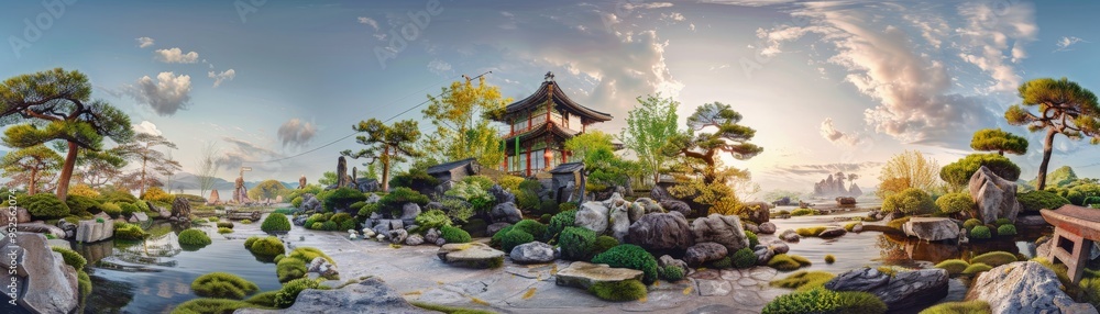 Fototapeta premium A serene panoramic landscape of a tranquil garden showcasing nature, water, and traditional architecture at sunset.