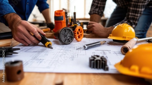 Technical drawing on a table with construction tools, pencils, and helmets. Perfect for engineering and planning projects.