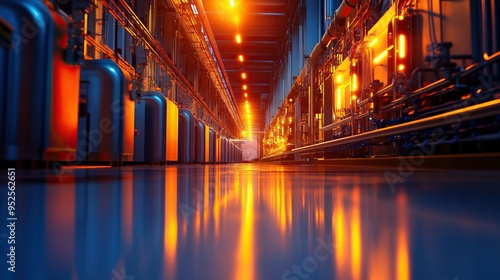 Vibrant industrial corridor with glowing lights and reflections, showcasing advanced technology and machinery.