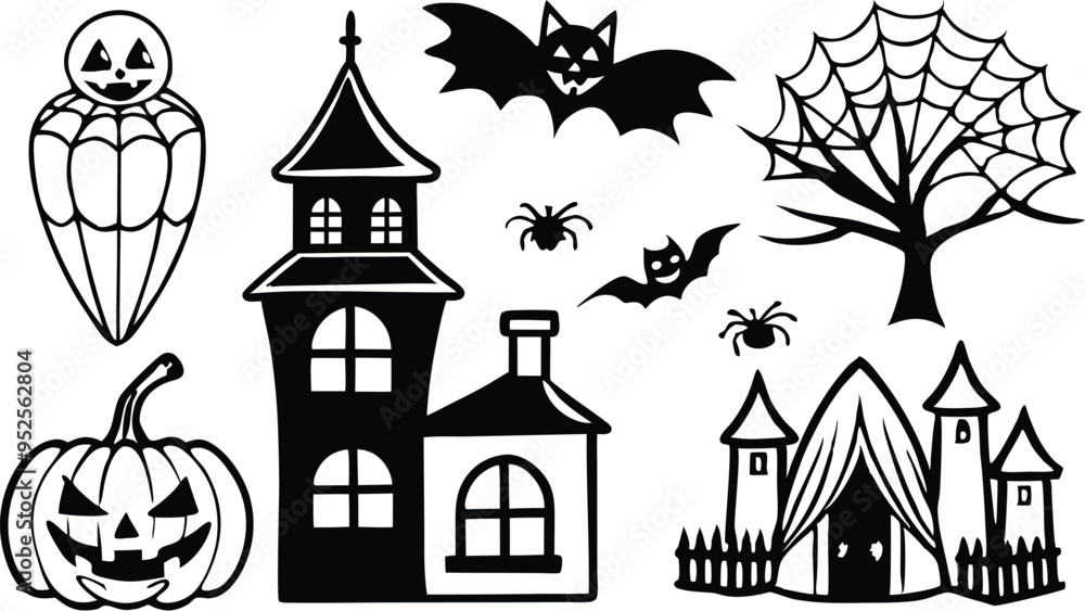 Silhouettes for the Halloween Vector illustration. Ghost, Pumpkin head with baseball bat, Cat with knife. Halloween concept. white background Silhouettes for the Halloween Vector illustration. Ghost, Pumpkin head with baseball bat, Cat with knife. Halloween concept. white background