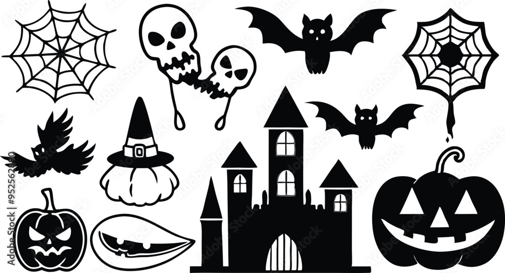 Obraz premium Silhouettes for the Halloween Vector illustration. Ghost, Pumpkin head with baseball bat, Cat with knife. Halloween concept. white background