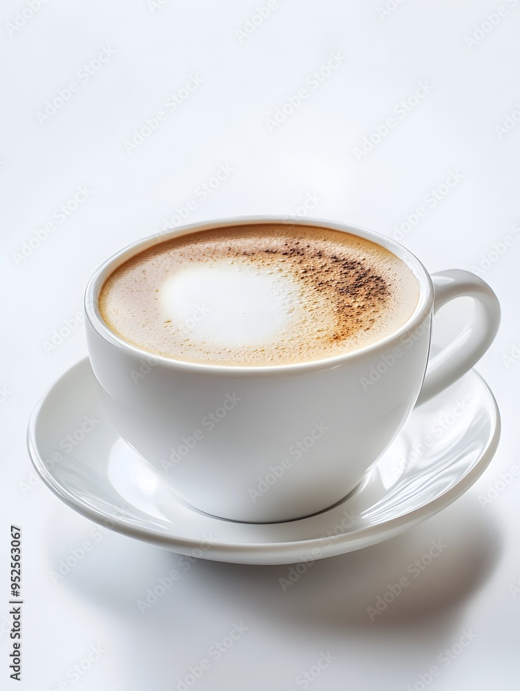 Steaming Cappuccino in White Cup on Minimal White Background Steaming Cappuccino in White Cup on Minimal White Background