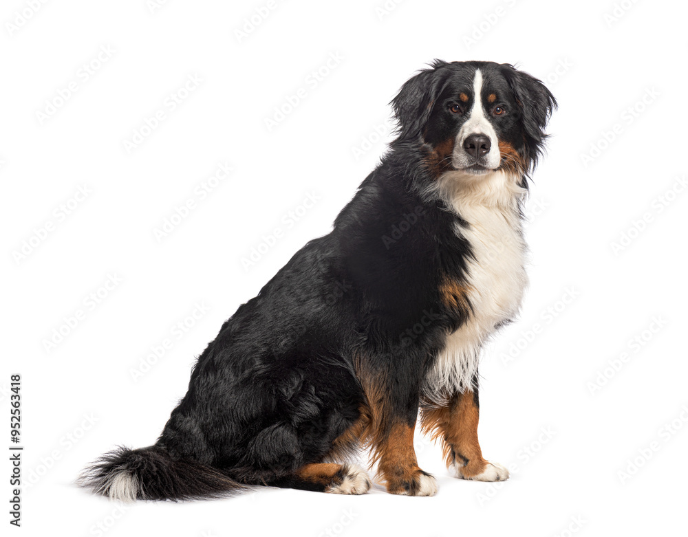 Bernese mountain dog sitting in front of a white background Bernese mountain dog sitting in front of a white background