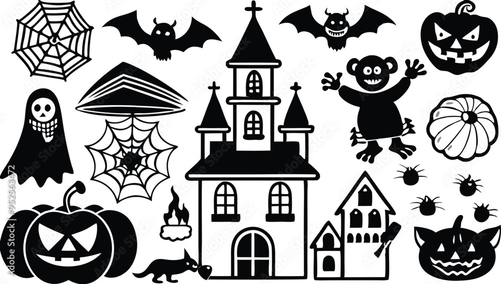 Obraz premium Silhouettes for the Halloween Vector illustration. Ghost, Pumpkin head with baseball bat, Cat with knife. Halloween concept. white background