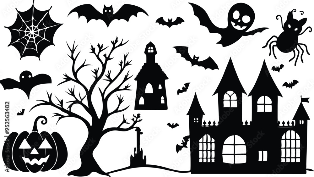 Silhouettes for the Halloween Vector illustration. Ghost, Pumpkin head with baseball bat, Cat with knife. Halloween concept. white background Silhouettes for the Halloween Vector illustration. Ghost, Pumpkin head with baseball bat, Cat with knife. Halloween concept. white background