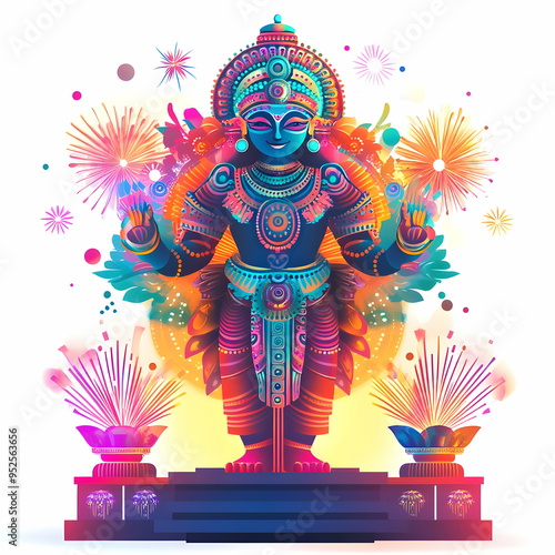 Flat Holographic Effigy and Firework with Triumph Text concept as A dynamic photo featuring a glowing holographic effigy of Ravana with fireworks in the background. The design includes generous copy s photo