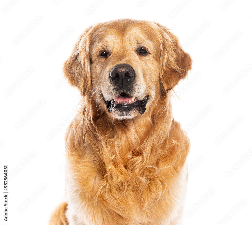 Happy golden retriever dog panting, looking at camera and posing for pet photography session, isolated on white Happy golden retriever dog panting, looking at camera and posing for pet photography session, isolated on white