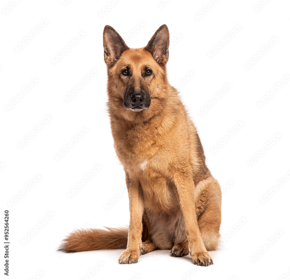 Adult german shepherd dog sitting on the floor and looking forward at the camera, isolated on white Adult german shepherd dog sitting on the floor and looking forward at the camera, isolated on white