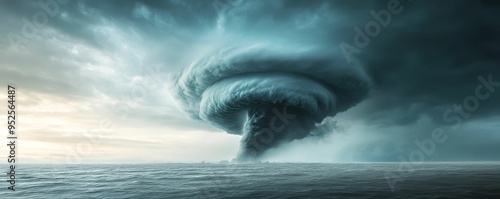 Hurricane clouds approaching a coastline, weather conditions photo