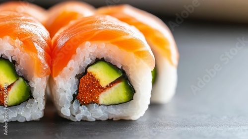 Juicy sushi rolls with vibrant fillings, juicy food photo