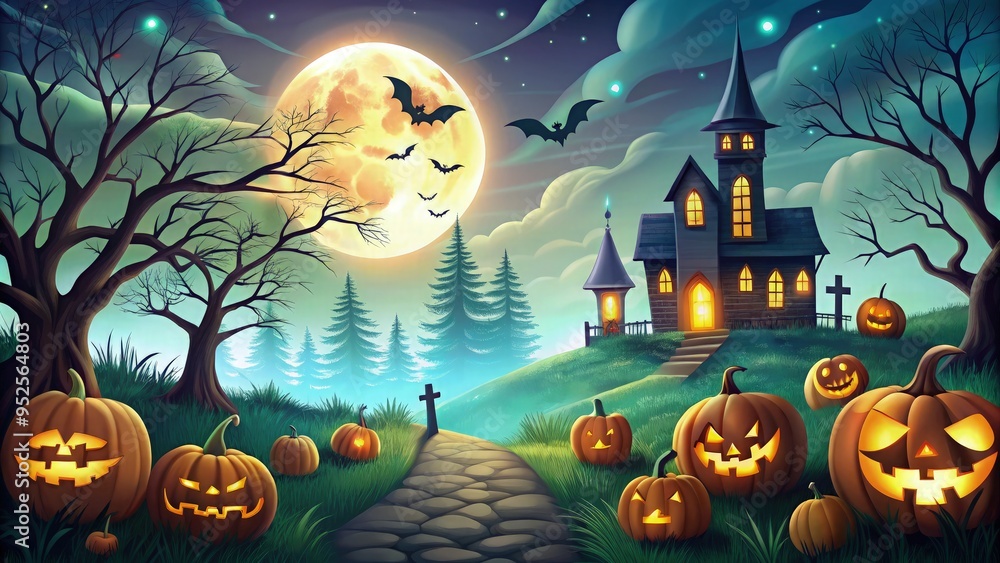 Fototapeta premium Dark, eerie Halloween scene with a full moon casting shadows over a haunted house, twisted trees, and flying bats, set against a nighttime sky