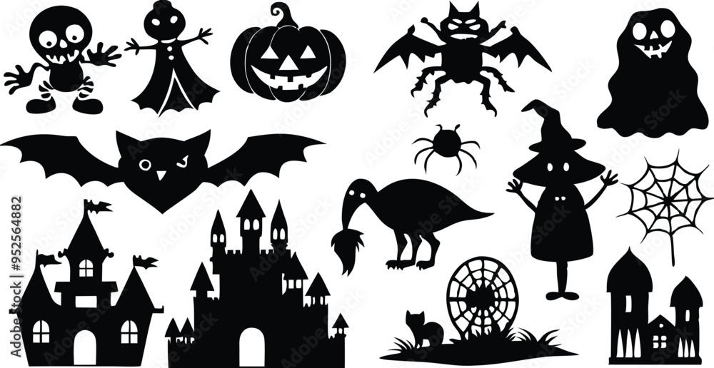 Fototapeta premium Silhouettes for the Halloween Vector illustration. Ghost, Pumpkin head with baseball bat, Cat with knife. Halloween concept. white background