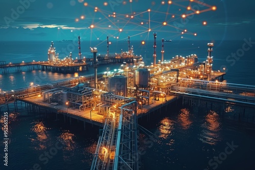 LNG Plant with IoT Graphic Overlay, Demonstrating Energy Digital Transformation and Advanced Connectivity in a Modern Industrial Facility. Visualization of IoT Integration and Smart Technology in Ener