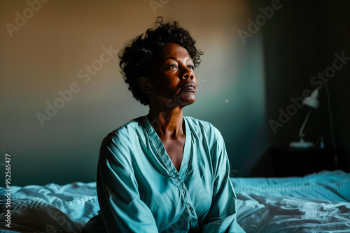 Black adult woman in her bed with insomnia photo