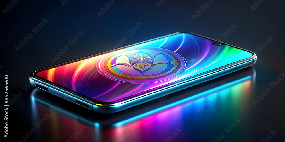 3D Holographic phone with Labh Pancham symbol and copy space concept as A futuristic holographic phone with the Labh Pancham symbol glowing on the screen floating above a white background. The phones 3D Holographic phone with Labh Pancham symbol and copy space concept as A futuristic holographic phone with the Labh Pancham symbol glowing on the screen floating above a white background. The phones