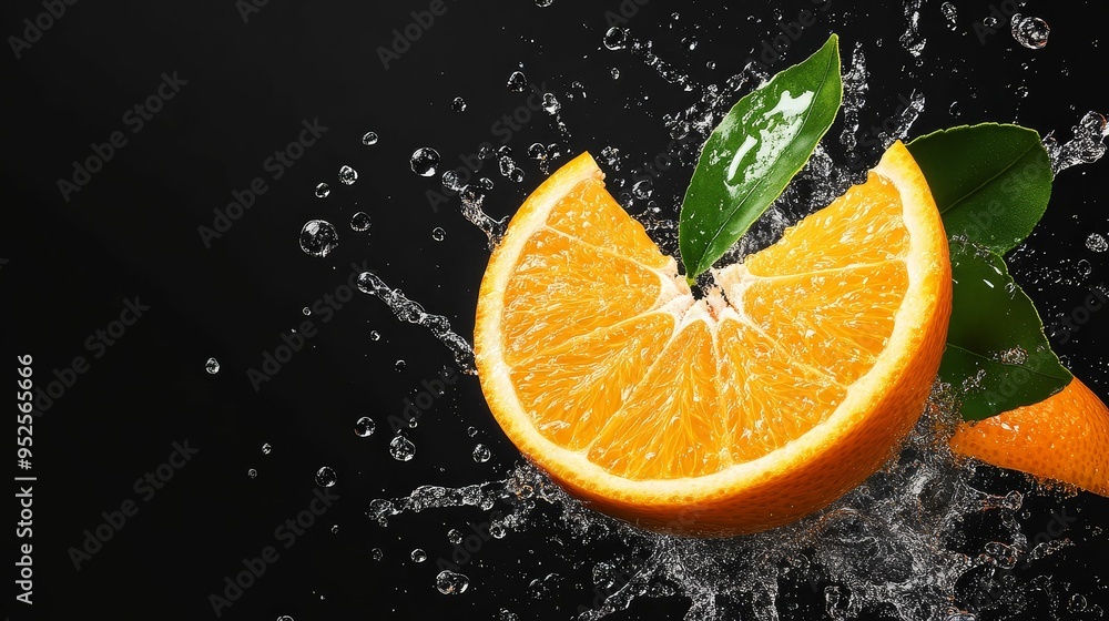 Freshly cut orange with droplets, juicy food Freshly cut orange with droplets, juicy food