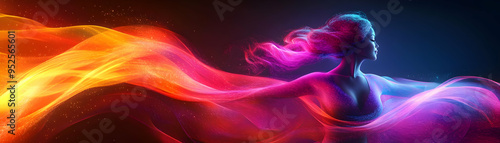 Glowing Abstract Plus Size Model Dancing concept as A vibrant glowing abstract digital art banner capturing a plus size model in a dynamic dance pose. The design features fluid glowing lines that emph photo