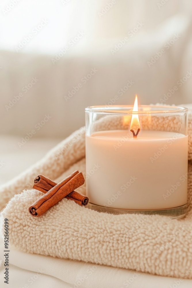 A tranquil scene featuring a lit candle next to cinnamon sticks on a soft towel, creating a cozy and relaxing atmosphere. A tranquil scene featuring a lit candle next to cinnamon sticks on a soft towel, creating a cozy and relaxing atmosphere.