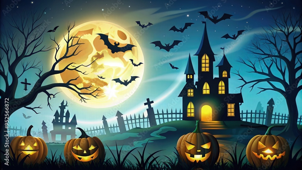 Fototapeta premium Dark, eerie Halloween scene with a full moon casting shadows over a haunted house, twisted trees, and flying bats, set against a nighttime sky