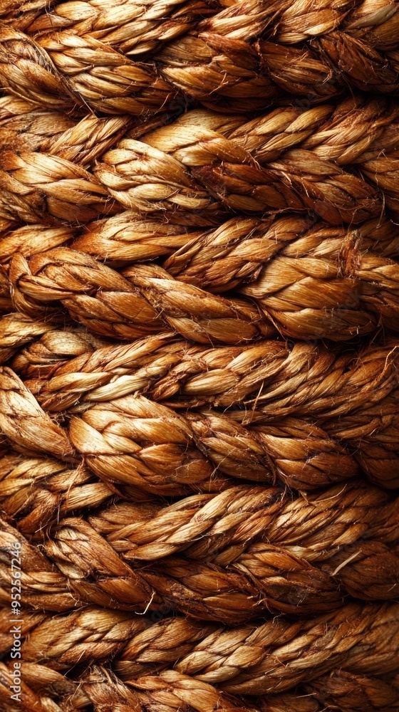 Close-up of tightly braided natural fiber rope showcasing its intricate texture and rich golden brown color. Close-up of tightly braided natural fiber rope showcasing its intricate texture and rich golden brown color.