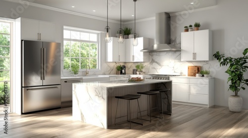 Modern Kitchen Island Design: Sunlit Luxury Kitchen with Marble Island, Stainless Steel Appliances, and White Cabinets 