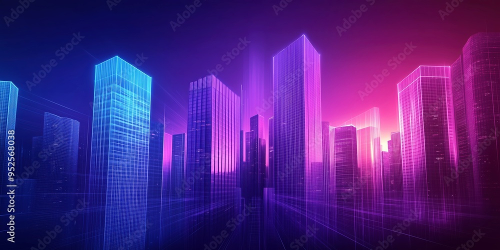Neon city skyline at night with glowing skyscrapers in shades of purple and blue, cityscape, night scene, digital art with neon-lit skyscrapers in purple and pink hues Neon city skyline at night with glowing skyscrapers in shades of purple and blue, cityscape, night scene, digital art with neon-lit skyscrapers in purple and pink hues
