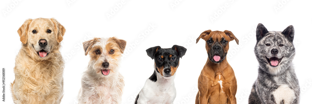 Obraz premium Five happy dogs panting and looking at camera