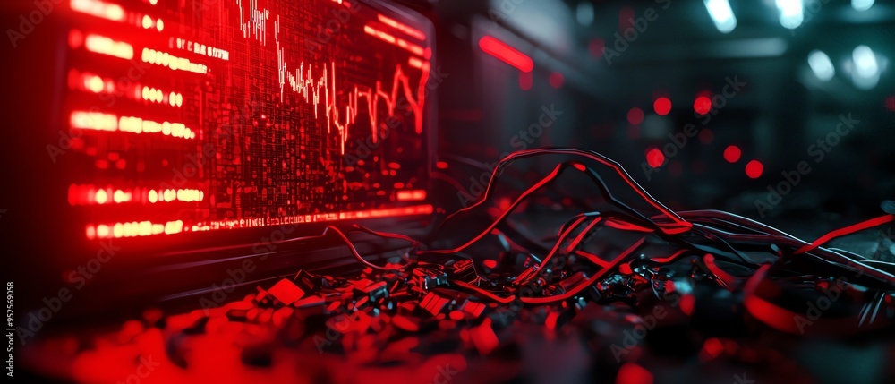 Dark cyber scene with a red data stream displayed on a screen, representing hacking, cybersecurity threats, and digital warfare. Dark cyber scene with a red data stream displayed on a screen, representing hacking, cybersecurity threats, and digital warfare.