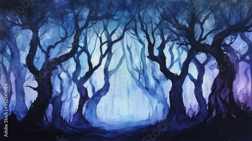 A painting of a forest with trees in the foreground and background