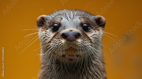 Close-up portrait of a wet otter with large, curious eyes and a pink nose against a yellow background.