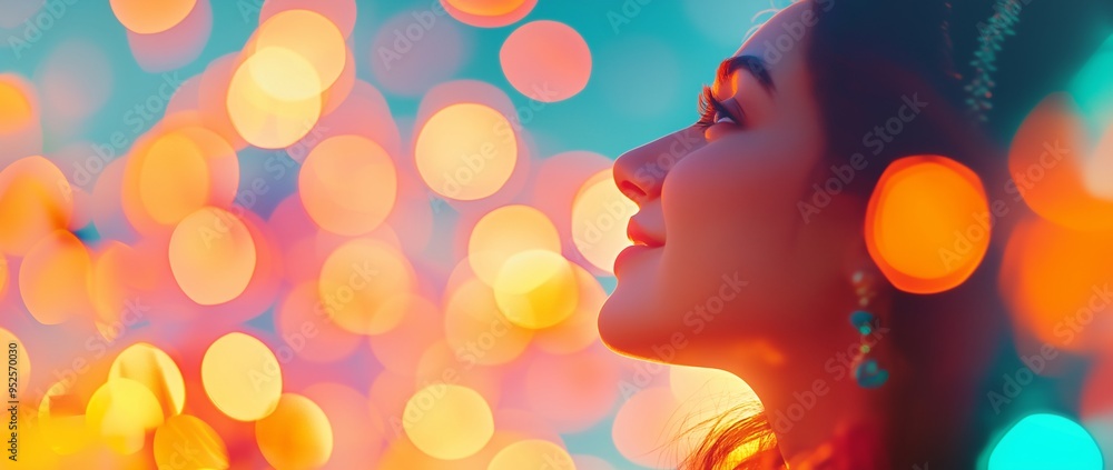 Indian woman portrait with festive bokeh lights. Diwali celebration concept. Design for festival advertisement, beauty and fashion poster. Holiday event banner with copy space. Indian woman portrait with festive bokeh lights. Diwali celebration concept. Design for festival advertisement, beauty and fashion poster. Holiday event banner with copy space.