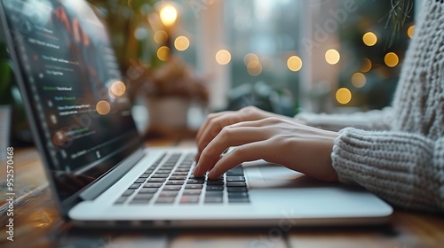 A detailed view of hands typing during a video conference on a laptop, close-up shot, with the screen’s glow reflecting on the fingers, video call interface visible, hd quality, realistic textures, photo