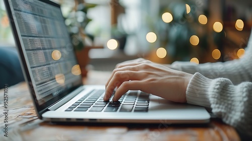 A detailed view of hands typing on a laptop, close-up shot, with a spreadsheet filled with organized data visible on the screen, soft light from the screen reflecting on the fingers, hd quality, photo