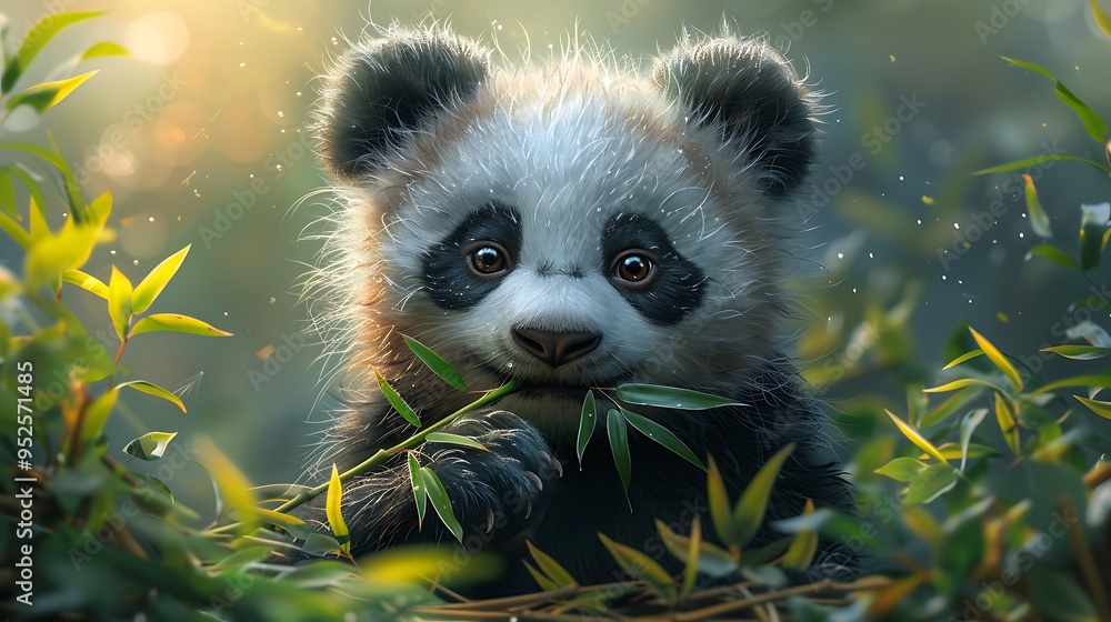 Adorable baby panda cub eating bamboo in a lush green forest with a warm, golden light filtering through the leaves.