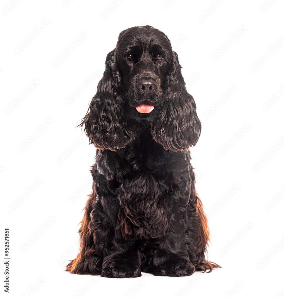 Black english cocker spaniel sitting and panting on white background Black english cocker spaniel sitting and panting on white background