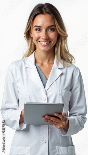 A female doctor in a white coat using a tablet