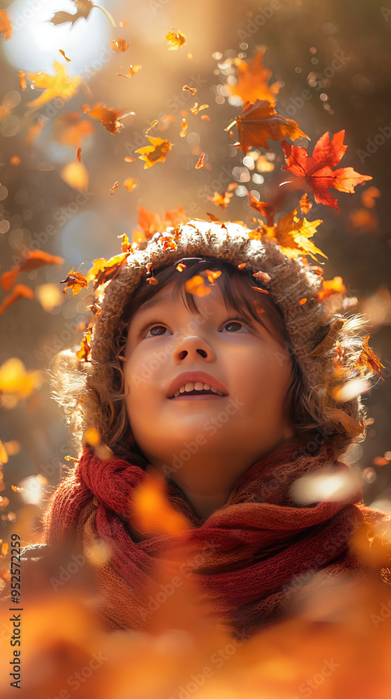 Illustration AI vertical child enjoying autumn leaves falling. people concept. Illustration AI vertical child enjoying autumn leaves falling. people concept.