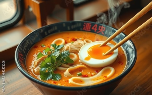 Ramen soupe japonaise asiatique avec des nouilles, des légumes, de la viande et des oeufs. photo